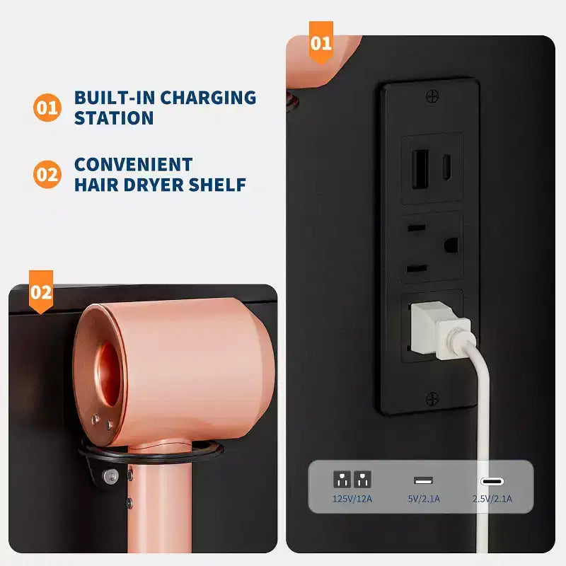 Coiffeuse avec miroir LED réglable et station de charge