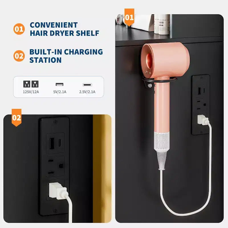 Coiffeuse avec miroir LED réglable et station de charge