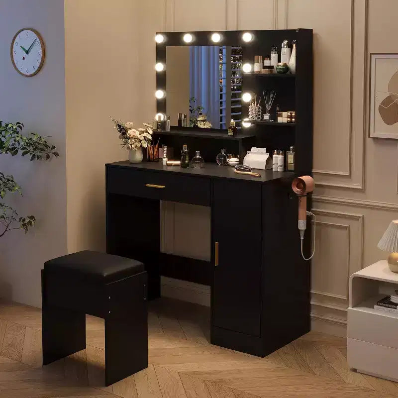 Makeup Vanity Desk with Adjustable LED Mirror, Charging Station, Drawer &amp; Cabinet, Compact Set with Stool for Bedroom Living Room