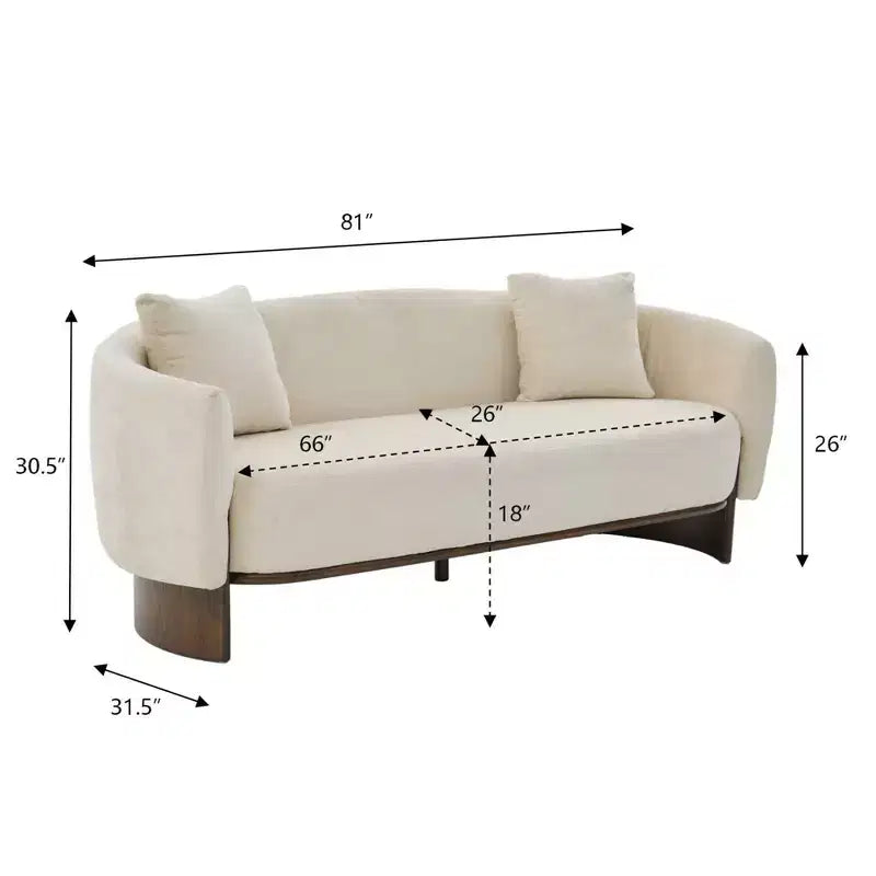 Canapé moderne en bouclette avec base en bois et coussins