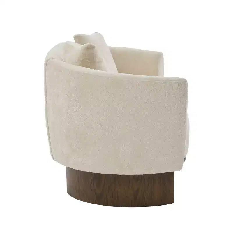 Canapé moderne en bouclette avec base en bois et coussins