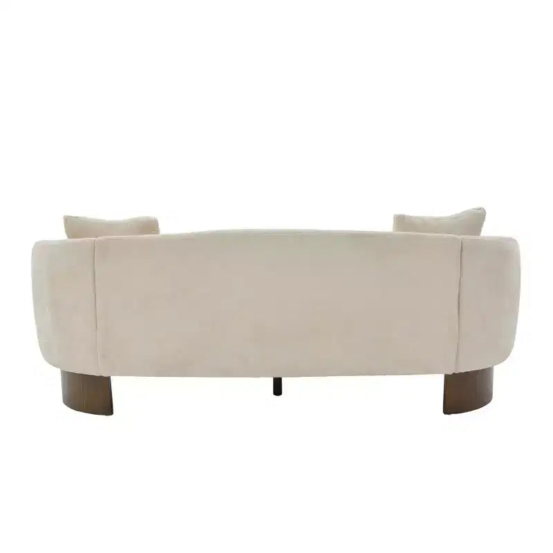 Canapé moderne en bouclette avec base en bois et coussins