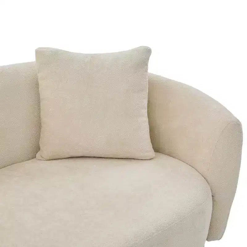 Canapé moderne en bouclette avec base en bois et coussins