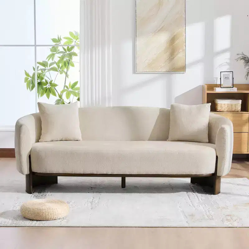 Christopher Knight Home Jennie 81'' Modern Boucle Upholstered 3-Seater Sofa with Wooden Base and Pillows