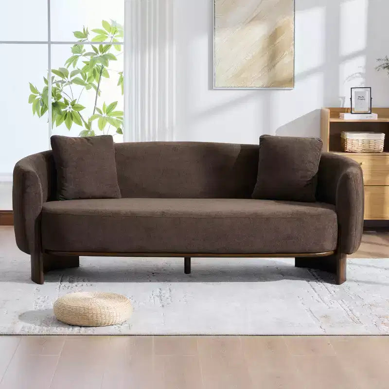 Canapé moderne en bouclette avec base en bois et coussins