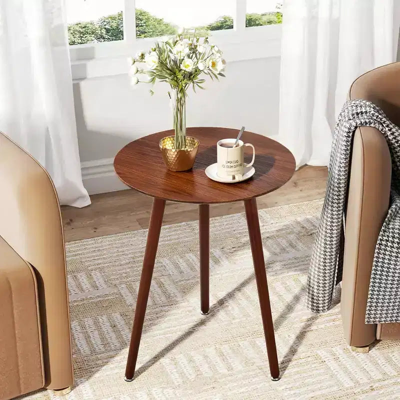 VECELO Mid-Century Modern Round Side Table, Wood Grain End Table with Tapered Legs for Living Room, Brown