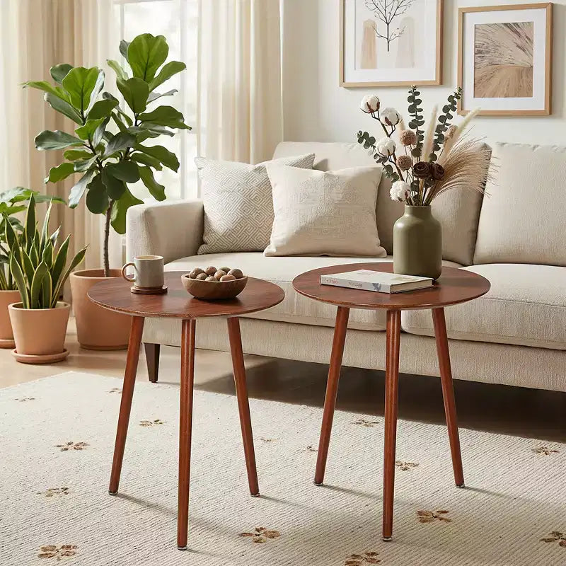 Table d'appoint ronde Mid-Century Modern, table de chevet en grain de bois avec pieds fuselés