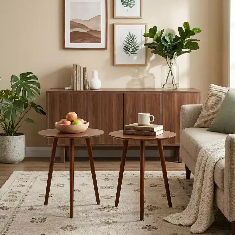 Table d'appoint ronde Mid-Century Modern, table de chevet en grain de bois avec pieds fuselés