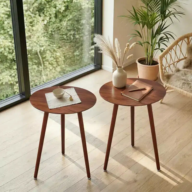 Table d'appoint ronde Mid-Century Modern, table de chevet en grain de bois avec pieds fuselés