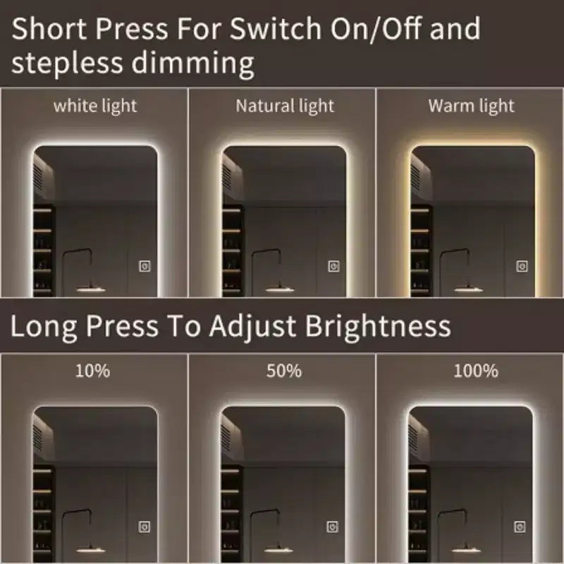 Miroir de courtoisie pleine longueur à LED avec lumières, 3 modes de couleur dimmables