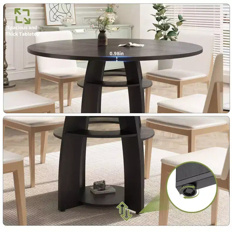 Table à manger ronde 47" compacte pour 4-6 personnes, étagère de rangement, pieds réglables