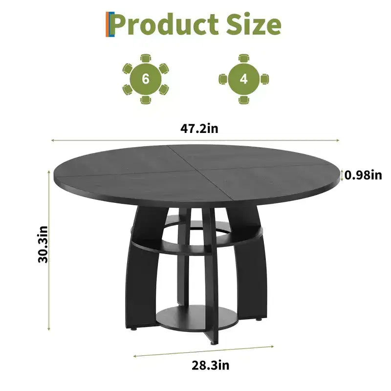 Table à manger ronde 47" compacte pour 4-6 personnes, étagère de rangement, pieds réglables