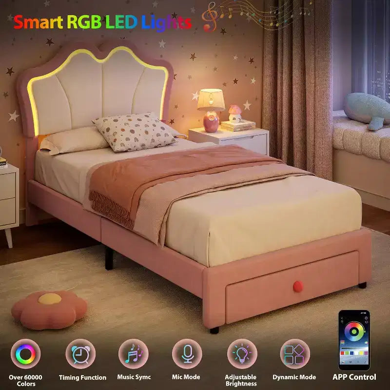 Cadre de lit double avec tiroir et lumières LED, lit plateforme tapissé de velours