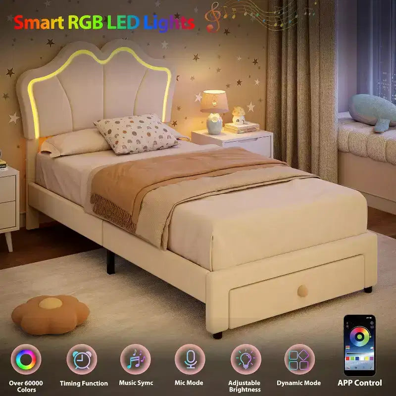 Cadre de lit double avec tiroir et lumières LED, lit plateforme tapissé de velours