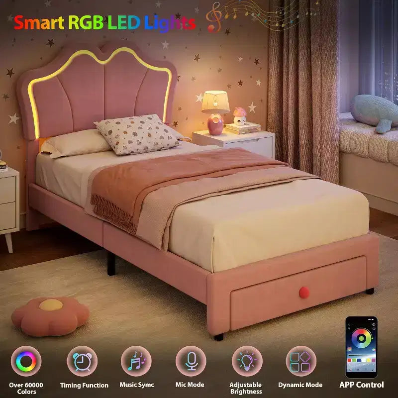 Cadre de lit double avec tiroir et lumières LED, lit plateforme tapissé de velours
