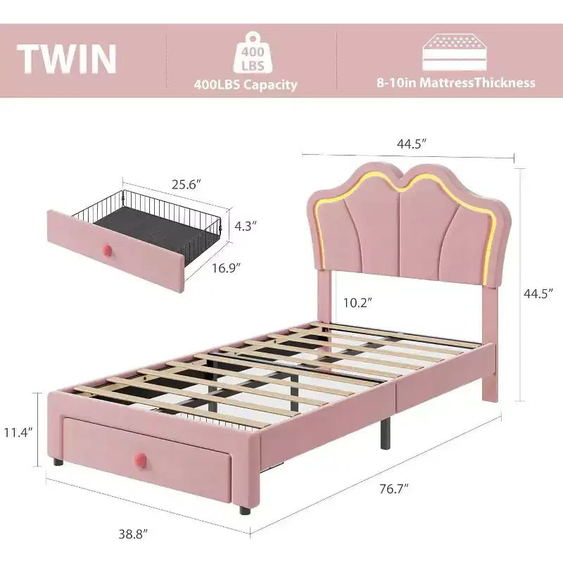 Twin Bed Frame with Drawer and LED Lights, Velvet Upholstered Platform Bed with Petal-Shaped Headboard, Sturdy for Kids Girls, No Box Spring Needed