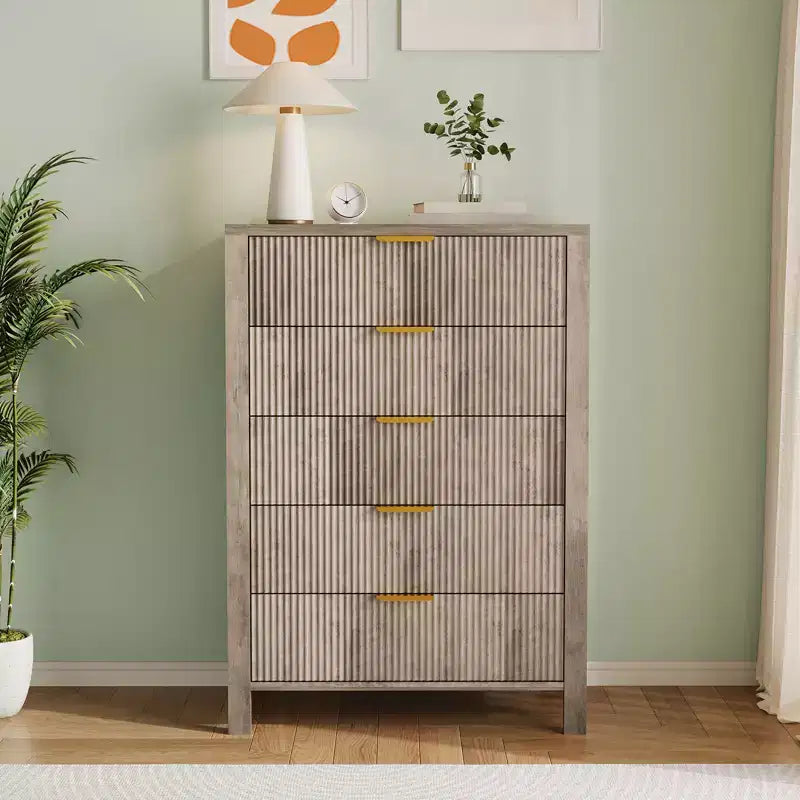 5 Drawer Dresser For Bedroom, 44 Tall Fluted Narrow Nightstand, Wood Dresser Storage Cabinet, Storage Organizer for Living Room Entryway