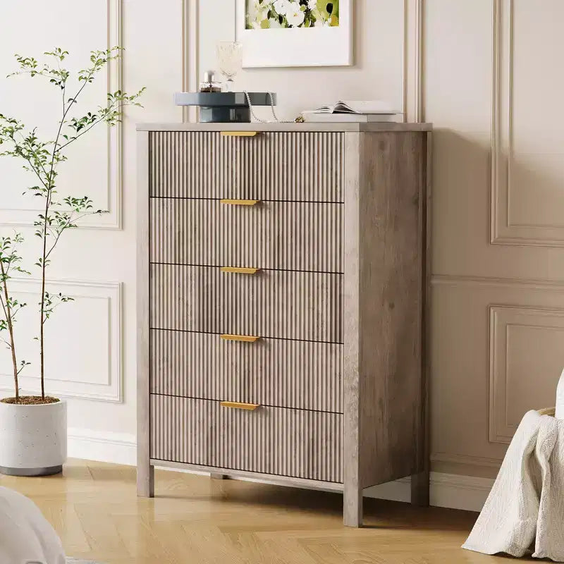 Commode de chambre à 5 tiroirs, table de chevet étroite cannelée de 112 cm de haut
