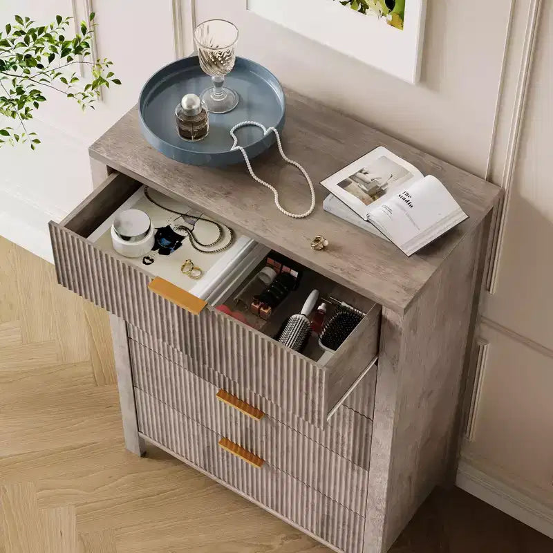 Commode de chambre à 5 tiroirs, table de chevet étroite cannelée de 112 cm de haut