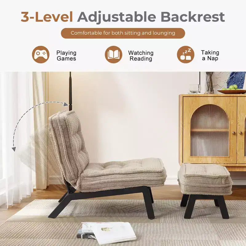 Fauteuil d'appoint avec dossier réglable, chaise longue capitonnée avec ottoman