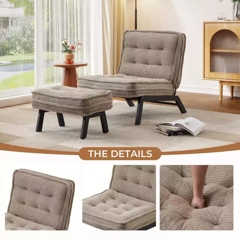 Fauteuil d'appoint avec dossier réglable, chaise longue capitonnée avec ottoman