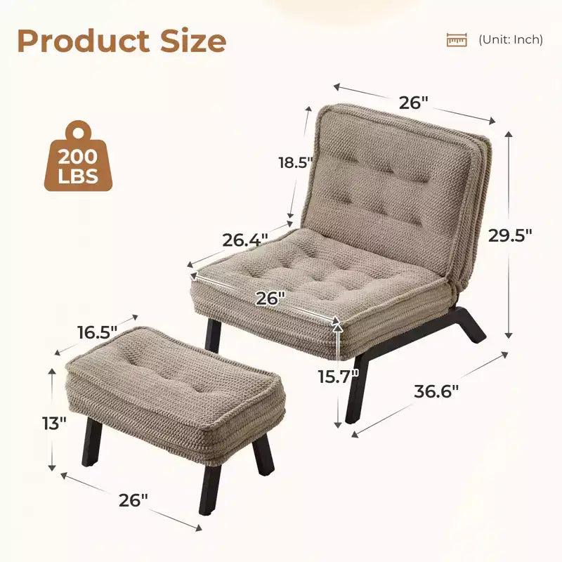 Fauteuil d'appoint avec dossier réglable, chaise longue capitonnée avec ottoman