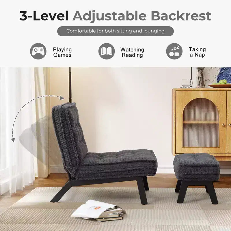 Fauteuil d'appoint avec dossier réglable, chaise longue capitonnée avec ottoman