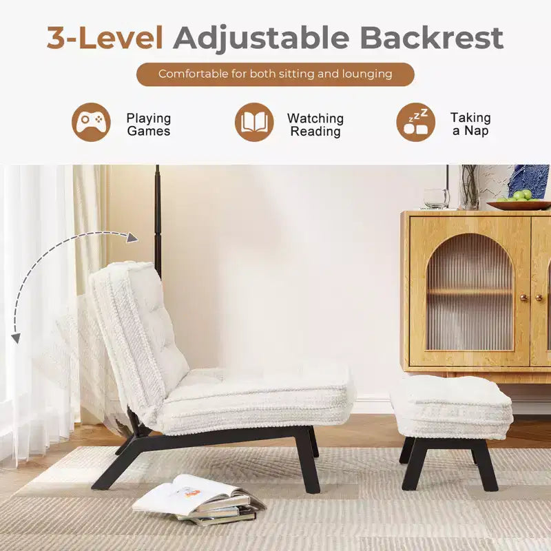 Fauteuil d'appoint avec dossier réglable, chaise longue capitonnée avec ottoman