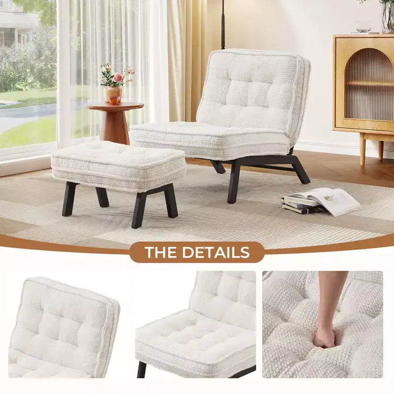 Fauteuil d'appoint avec dossier réglable, chaise longue capitonnée avec ottoman