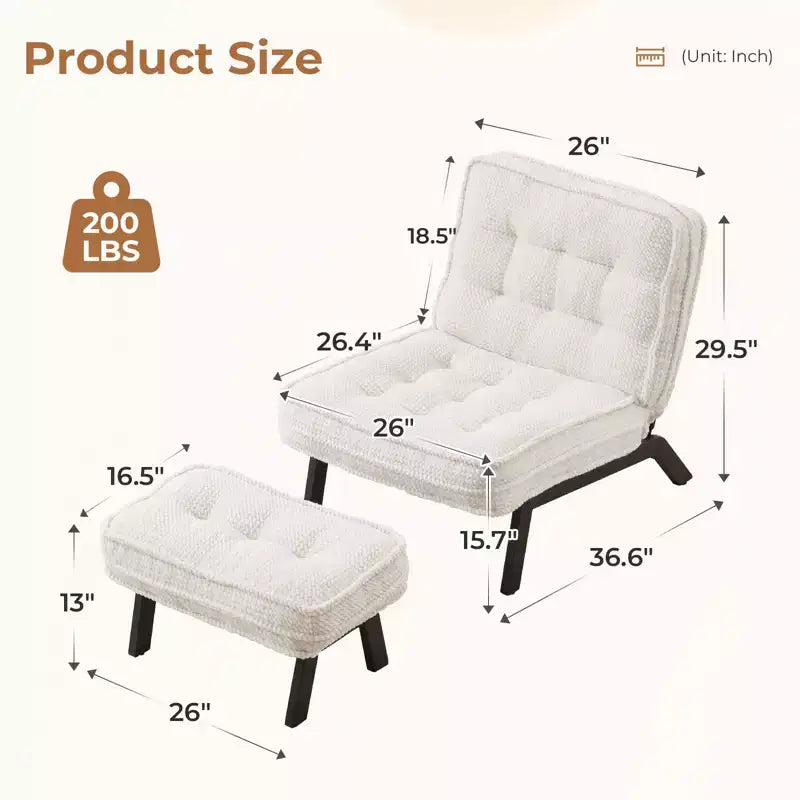Fauteuil d'appoint avec dossier réglable, chaise longue capitonnée avec ottoman