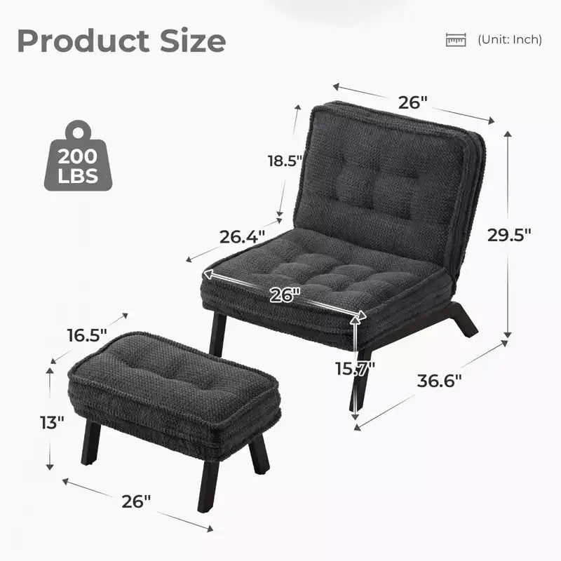 Fauteuil d'appoint avec dossier réglable, chaise longue capitonnée avec ottoman