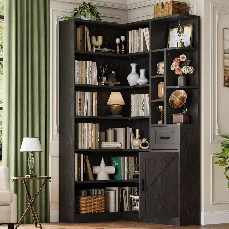 Corner Bookshelf, L Shaped Bookcase with Drawer &amp; Cabinets, 6-Tier Storage Bookshelf with Open Shelves, for Living Room Home Office Bedroom