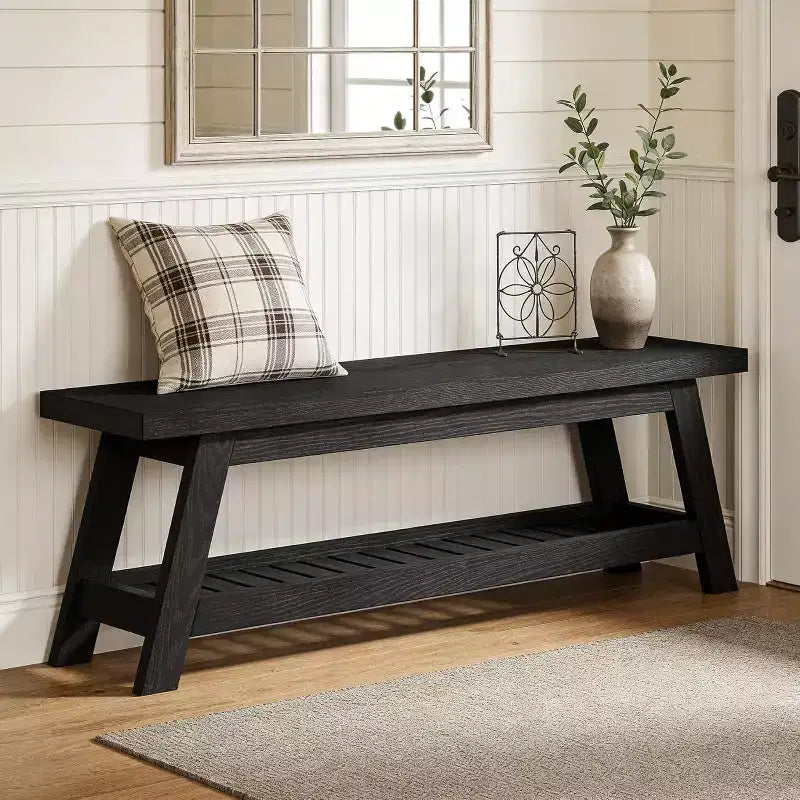 Lantine 55 Narrow Entryway Bench with Shoe Storage, Farmhouse Wooden Hall Tree Bench with 2-Tier Open Shelf for Small Space, Mudroom, Foyer, Black