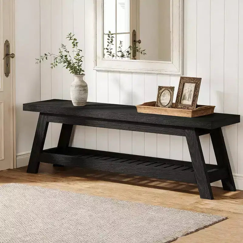 Banc d'entrée étroit avec rangement pour chaussures, Banc portemanteau en bois de style fermier