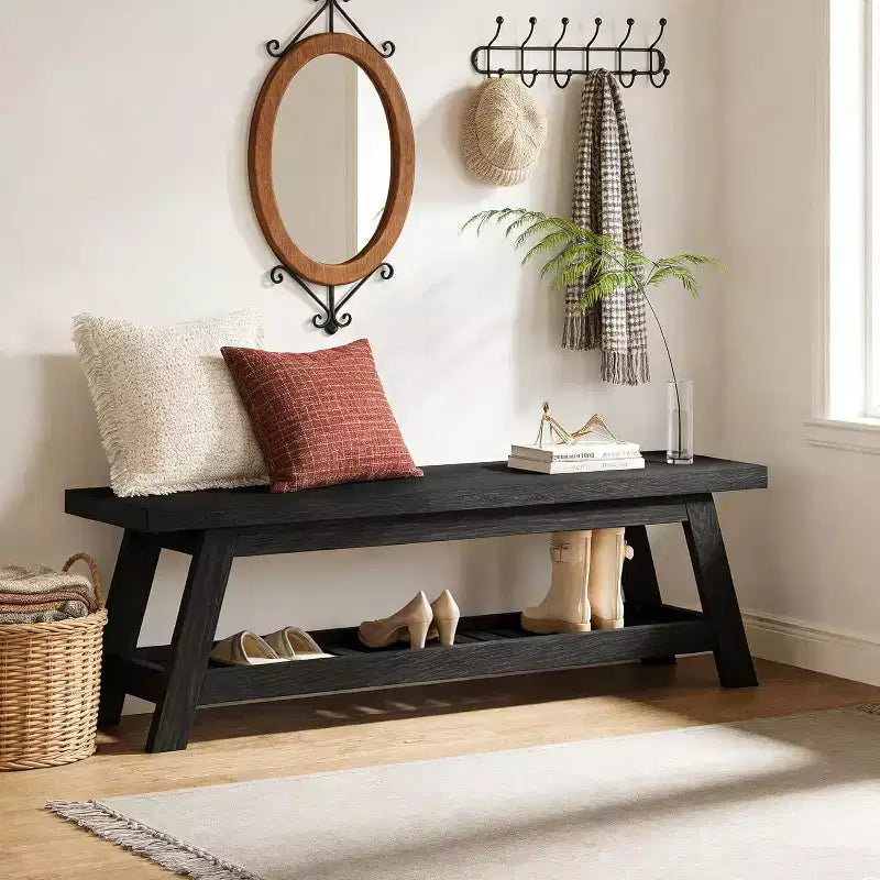 Banc d'entrée étroit avec rangement pour chaussures, Banc portemanteau en bois de style fermier
