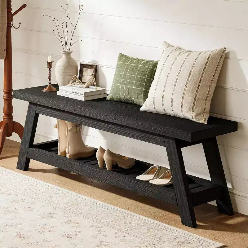 Banc d'entrée étroit avec rangement pour chaussures, Banc portemanteau en bois de style fermier