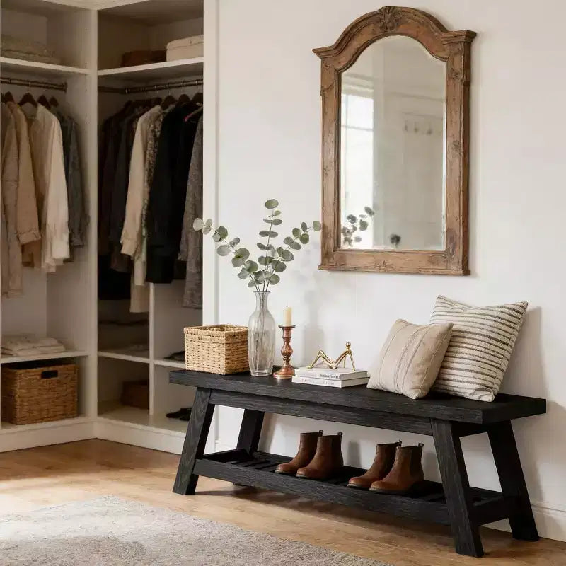 Banc d'entrée étroit avec rangement pour chaussures, Banc portemanteau en bois de style fermier