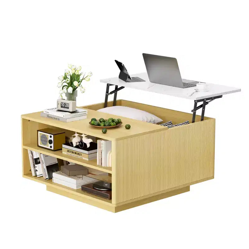 Table basse carrée moderne en bois avec plateau relevable de rangement pour salon