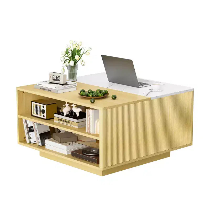 Table basse carrée moderne en bois avec plateau relevable de rangement pour salon