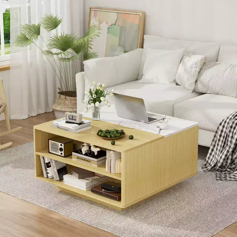 Table basse carrée moderne en bois avec plateau relevable de rangement pour salon
