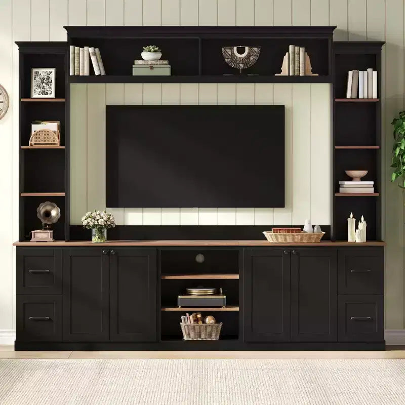 ModernLuxe 4-in-1 Farmhouse Entertainment Center Wall Unit, Fits TVs Up to 70, TV Stand Media Console w/ Adjustable Shelves &amp; Drawers