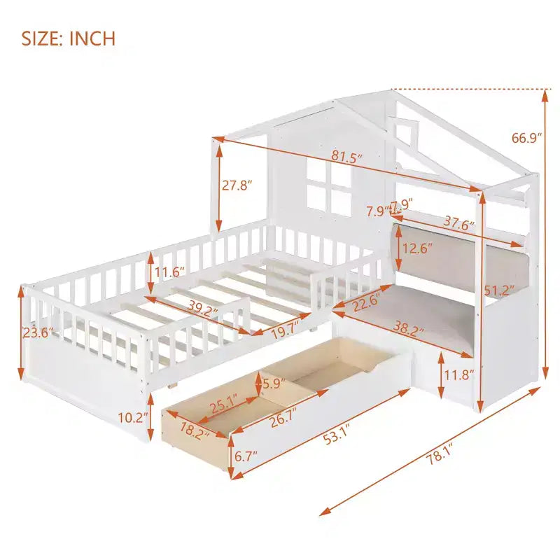 Lit double jumeau avec canapé, 2 tiroirs et étagère de rangement, lit plateforme pour enfants, blanc