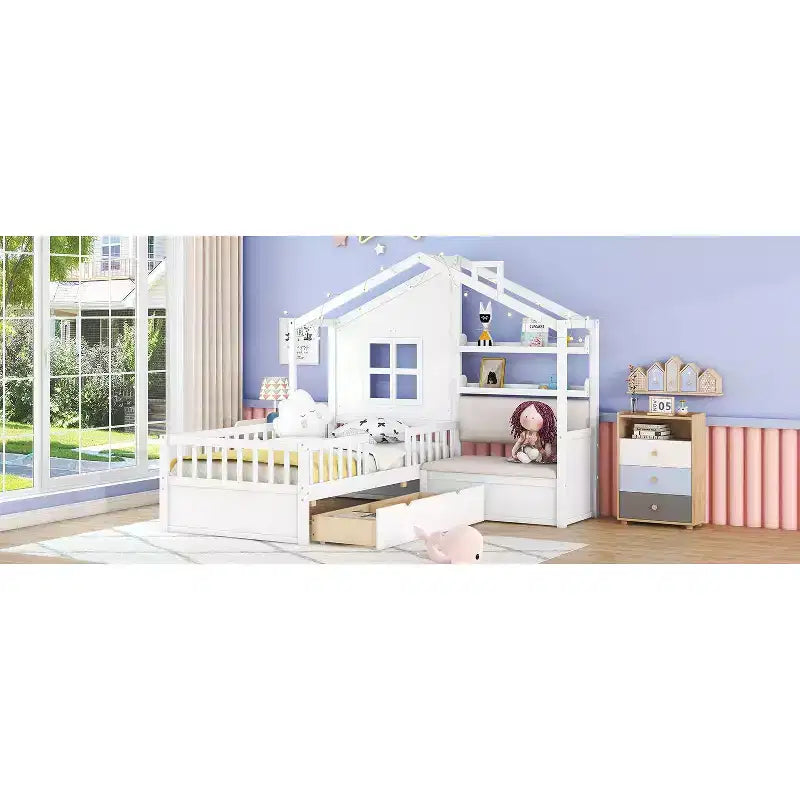 Lit double jumeau avec canapé, 2 tiroirs et étagère de rangement, lit plateforme pour enfants, blanc