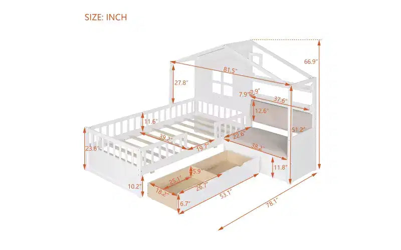 Lit double jumeau avec canapé, 2 tiroirs et étagère de rangement, lit plateforme pour enfants, blanc