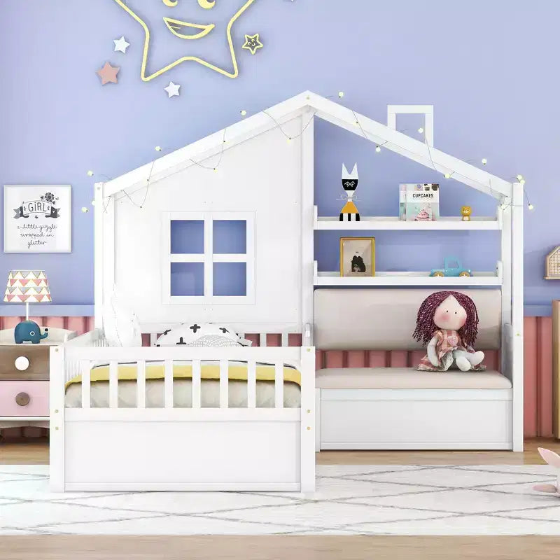 Lit double jumeau avec canapé, 2 tiroirs et étagère de rangement, lit plateforme pour enfants, blanc