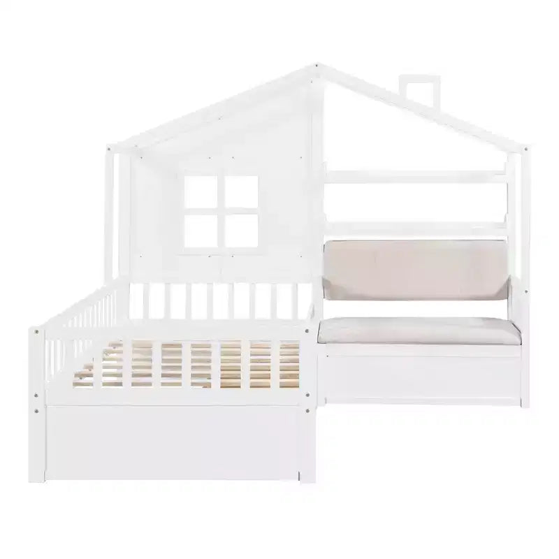 Lit double jumeau avec canapé, 2 tiroirs et étagère de rangement, lit plateforme pour enfants, blanc