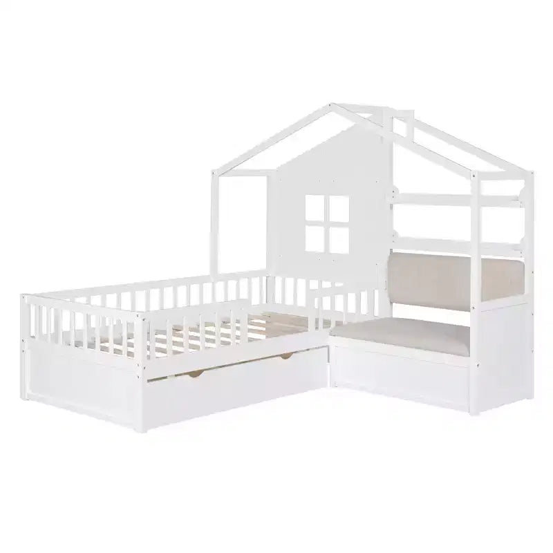 Lit double jumeau avec canapé, 2 tiroirs et étagère de rangement, lit plateforme pour enfants, blanc
