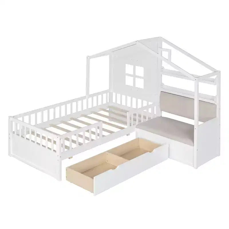 Lit double jumeau avec canapé, 2 tiroirs et étagère de rangement, lit plateforme pour enfants, blanc
