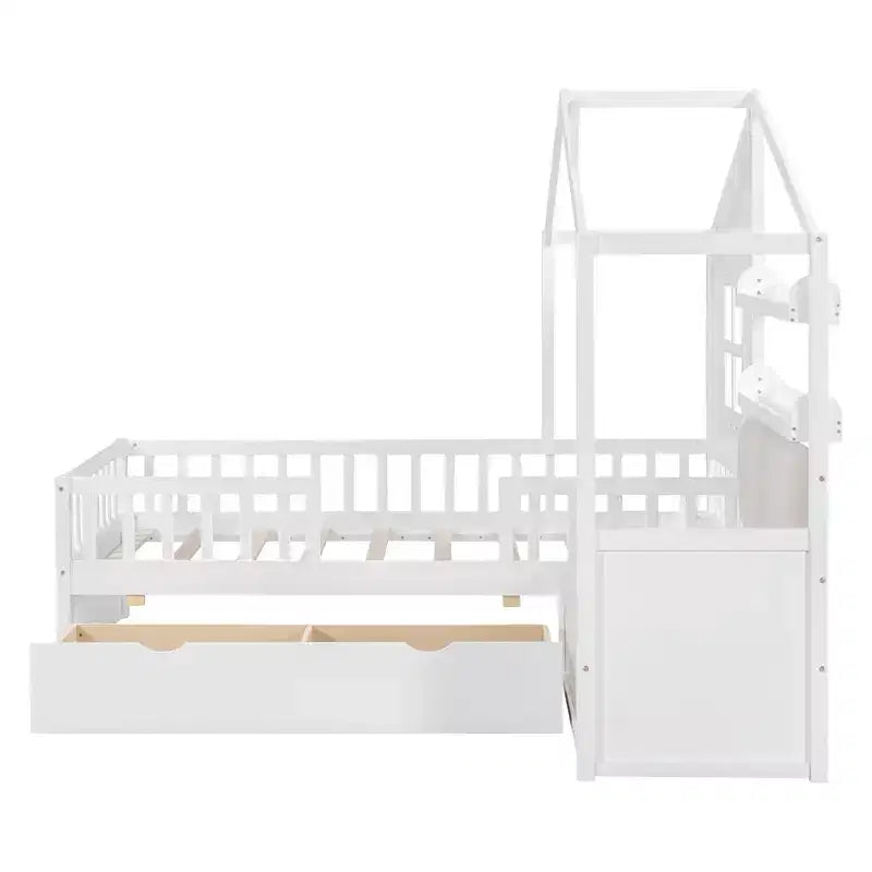 Lit double jumeau avec canapé, 2 tiroirs et étagère de rangement, lit plateforme pour enfants, blanc