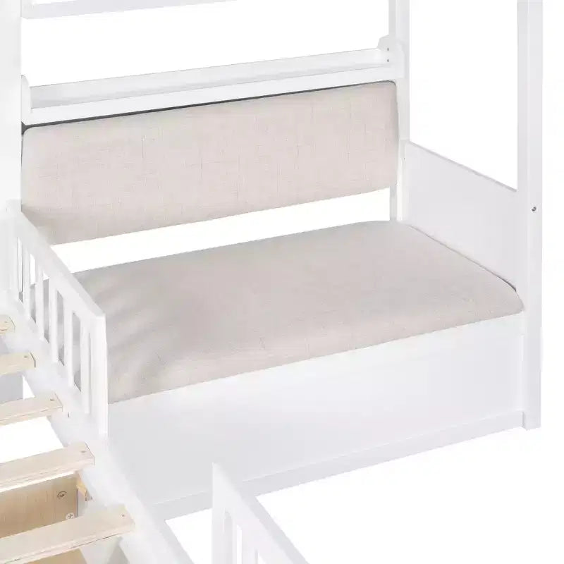 Lit double jumeau avec canapé, 2 tiroirs et étagère de rangement, lit plateforme pour enfants, blanc